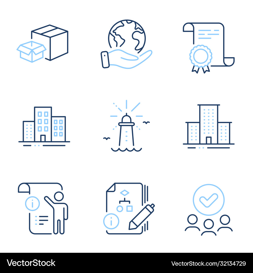 Manual doc buildings and algorithm icons set Manual doc buildings and algorithm icons set vector image