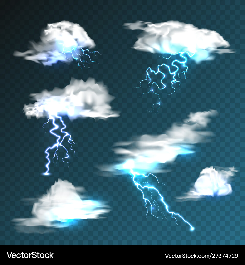 Realistic clouds with lightning set on transparent Realistic clouds with lightning set on transparent vector image