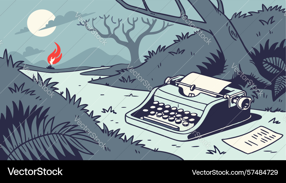 Typewriter on moonlit path in forest design vector image