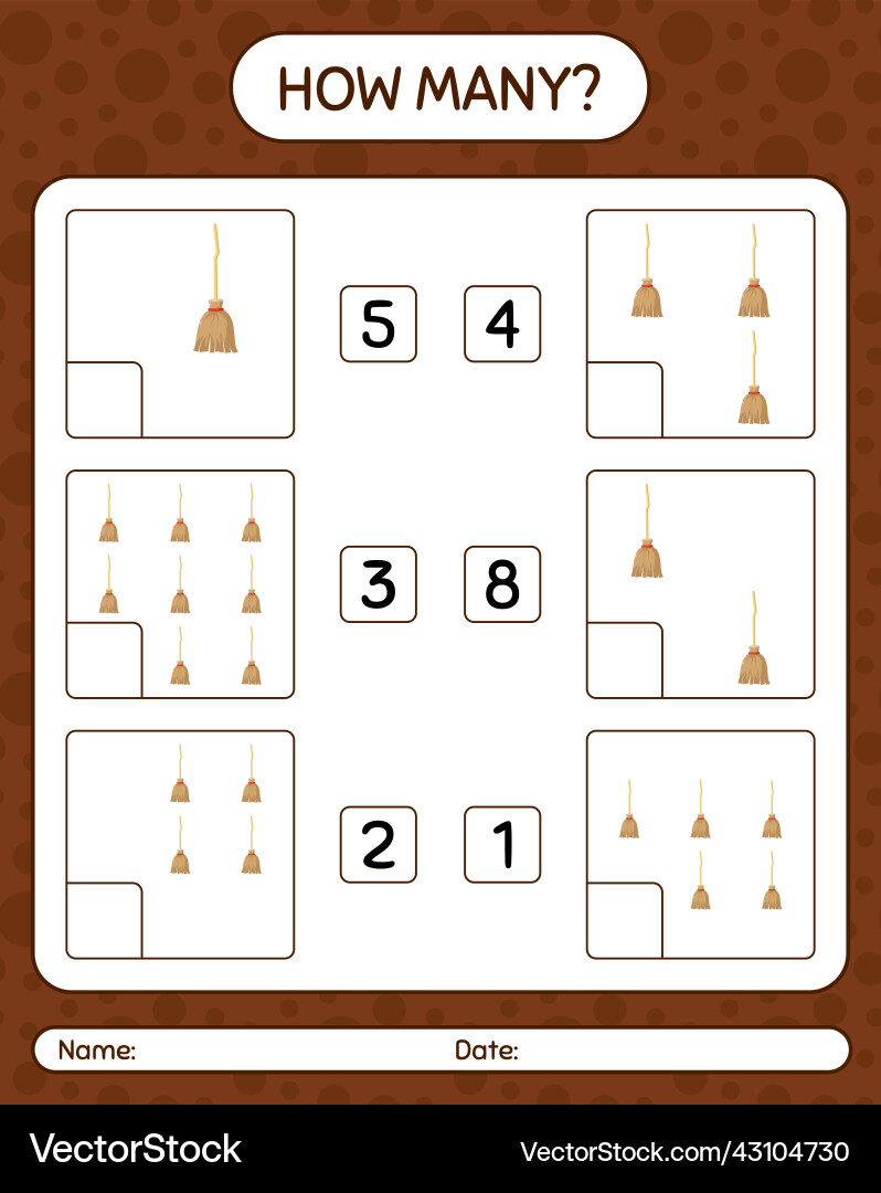 How many counting game with broom worksheet How many counting game with broom worksheet Vector Image