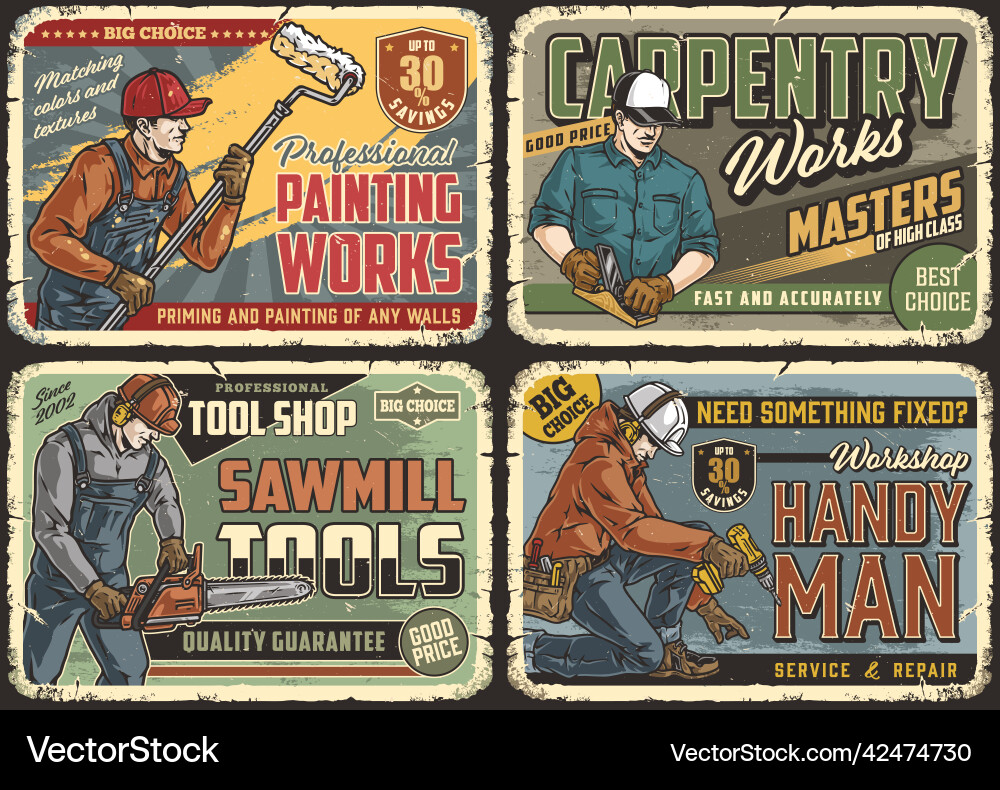 Manual workers with tools horizontal posters set Manual workers with tools horizontal posters set vector image