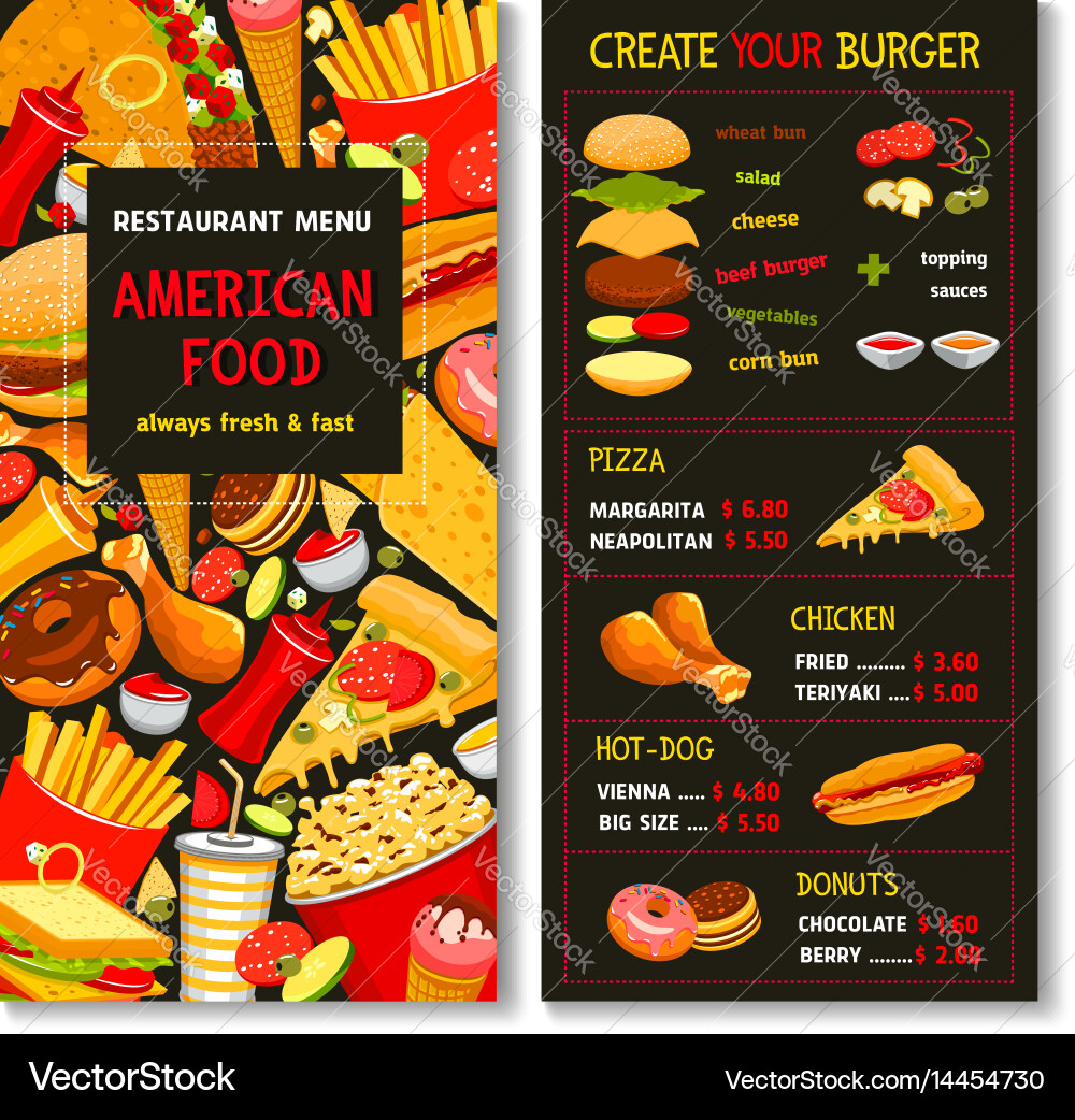 Menu for fast food meals and desserts Vector Image