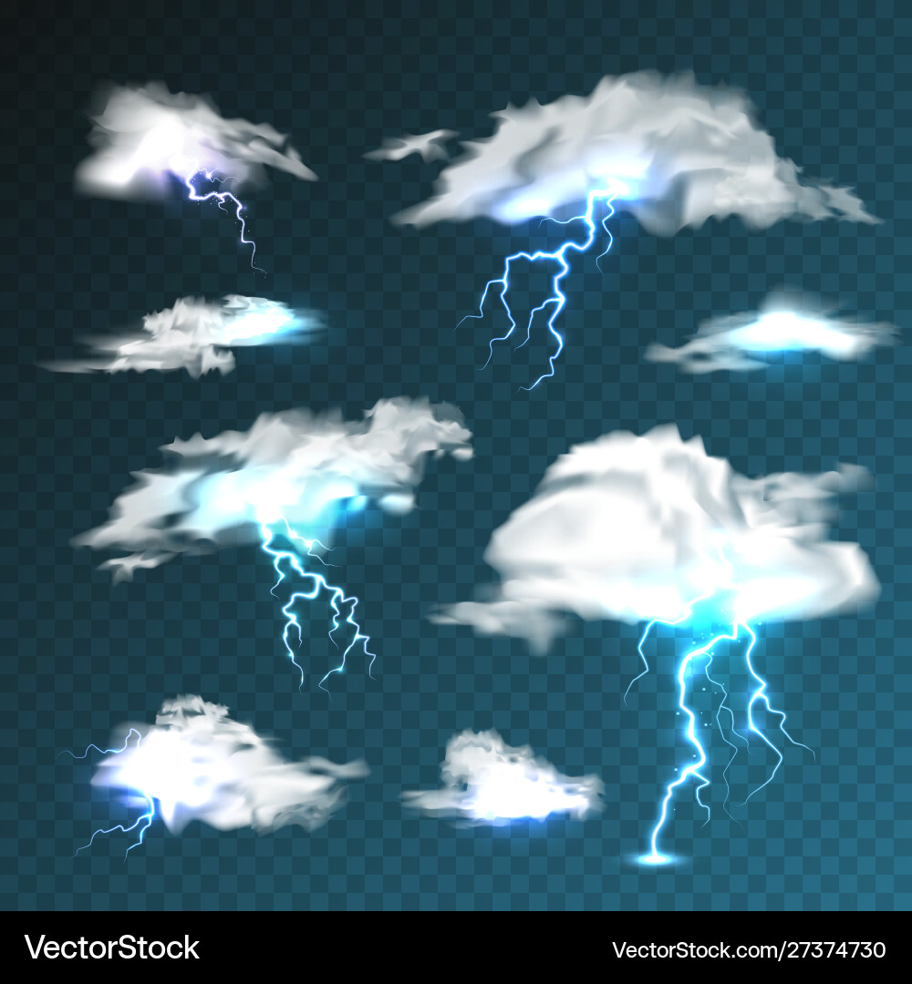 Realistic clouds with lightning set on transparent Realistic clouds with lightning set on transparent vector image