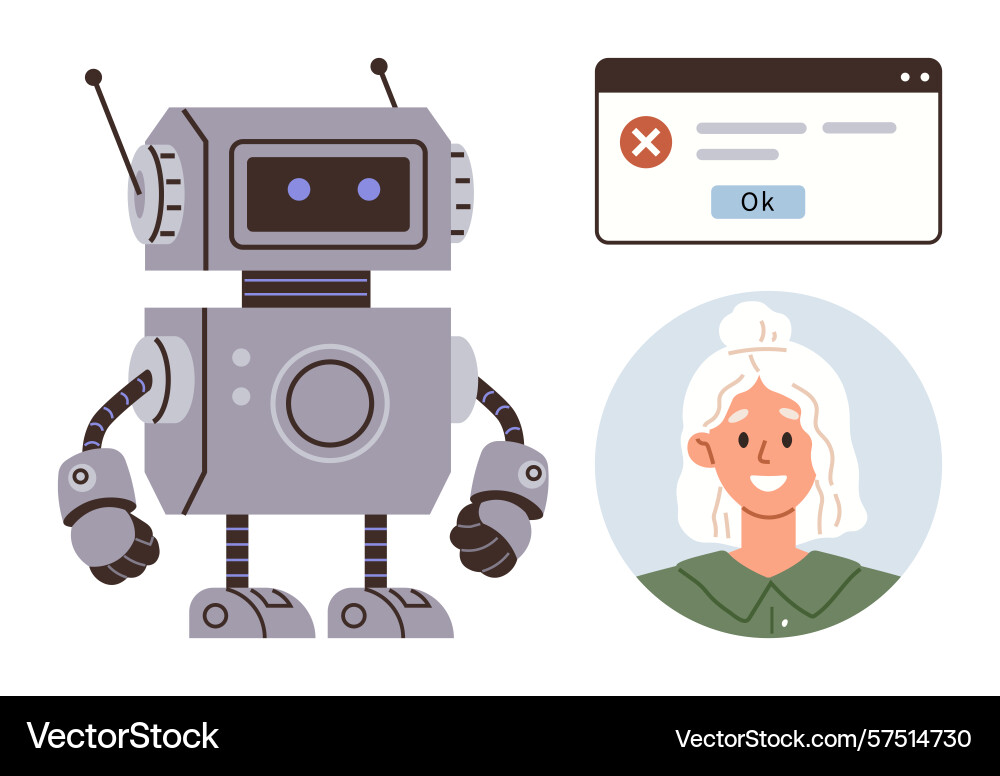Robot assistant interacting with user interface Robot assistant interacting with user interface vector image