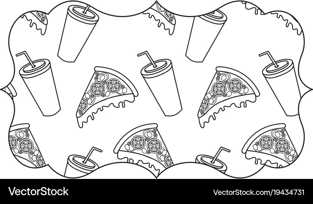 Frame with pizza and soda pattern background Vector Image