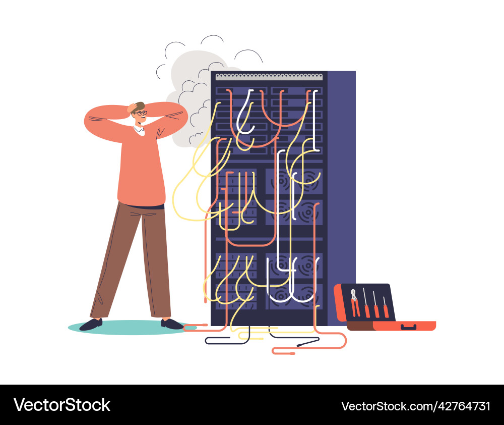 Worried man sysadmin look at burning computer Worried man sysadmin look at burning computer vector image