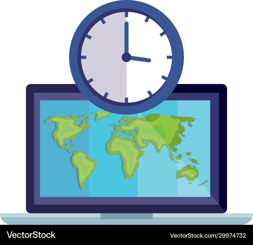 Isolated laptop with world map and clock Vector Image