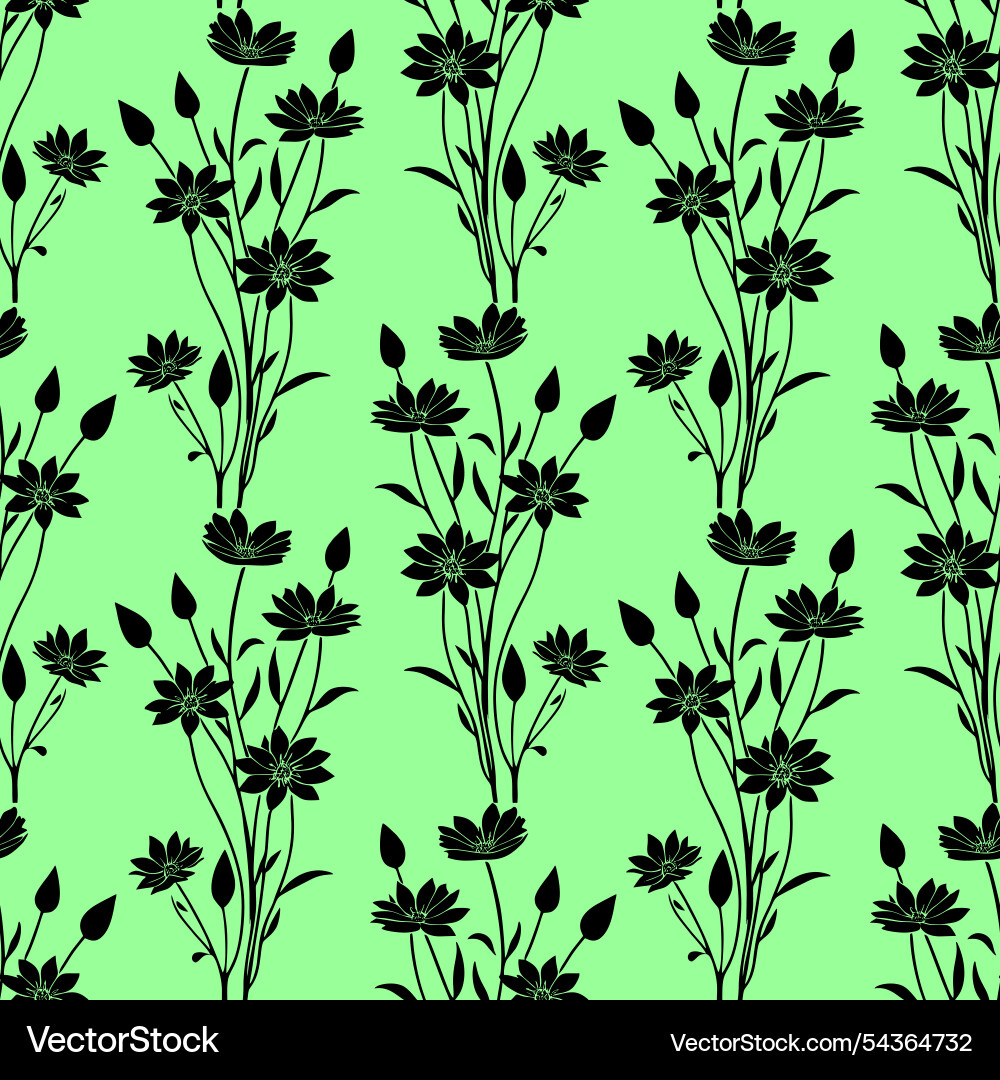 Seamless black graphic floral pattern on green Seamless black graphic floral pattern on green vector image