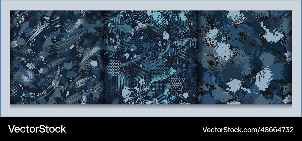 Seamless blue camo patterns with abstract elements Seamless blue camo patterns with abstract elements Vector Image
