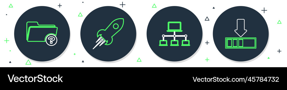 Set line rocket ship with fire computer network Vector Image