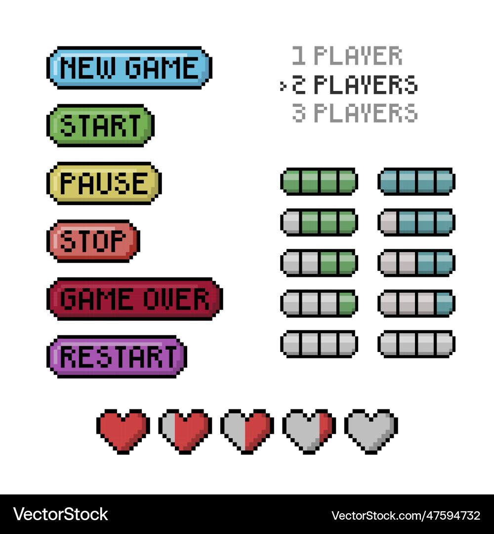 Set of video game elements pixel art 8-bit style vector image