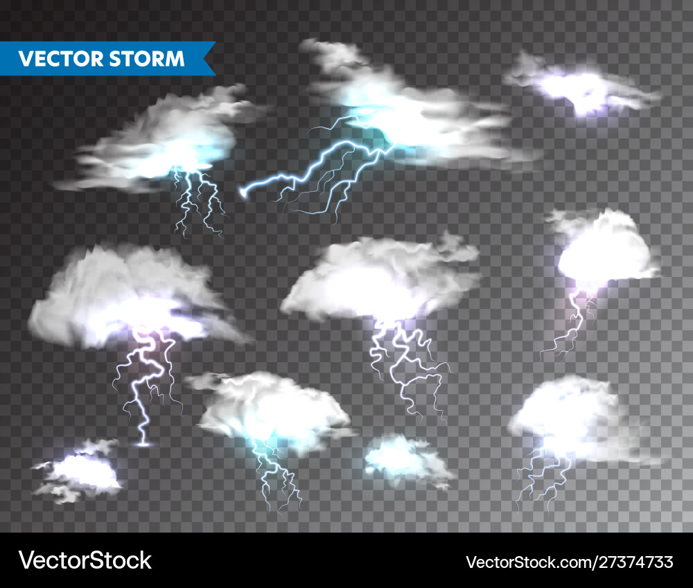 Realistic clouds with lightning set on transparent vector image