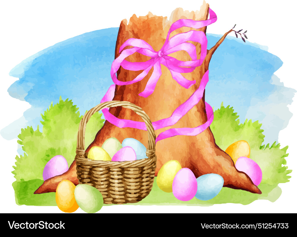 Tree trunk with basket of easter eggs Vector Image