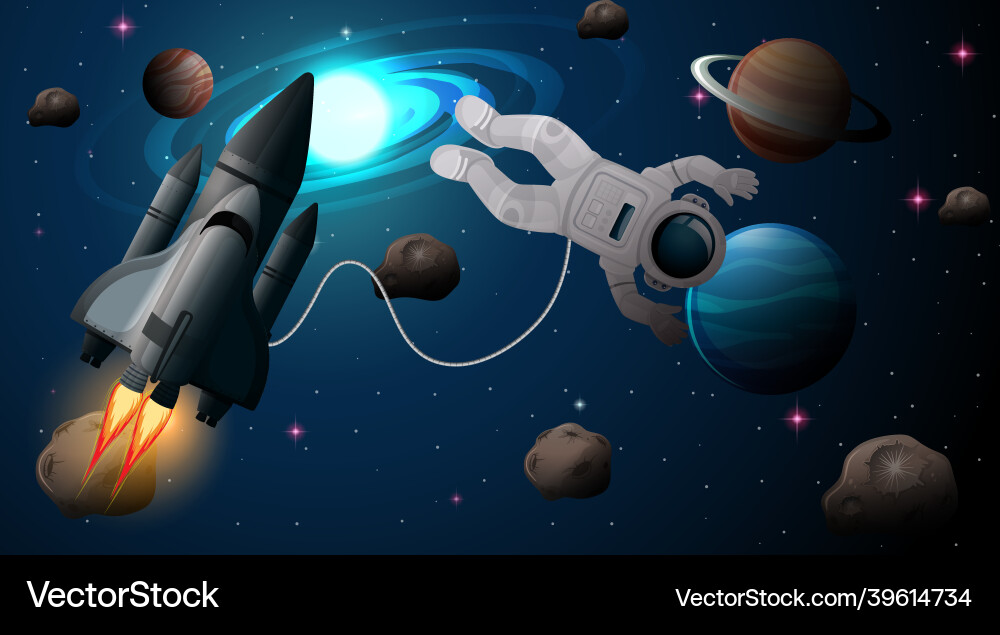 Astronaut and spaceship in space scene Astronaut and spaceship in space scene Vector Image
