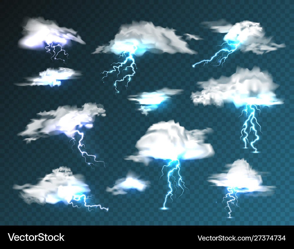 Realistic clouds with lightning set on transparent vector image