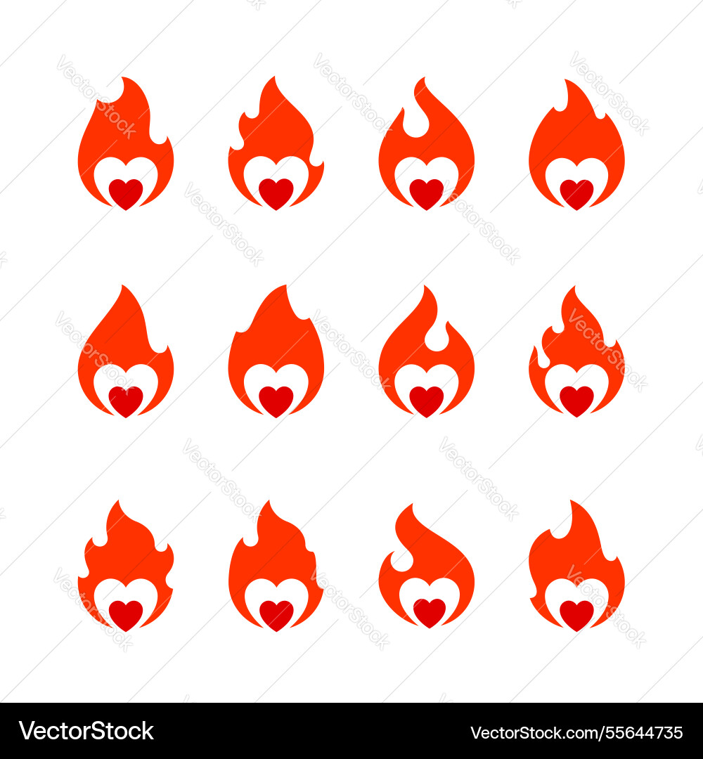 Hot Flame Heart Icon Set vector image