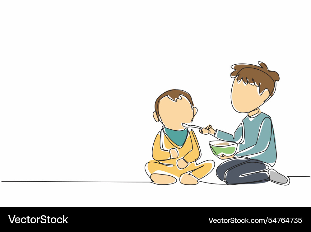 Single one line drawing the older brother feeds Vector Image