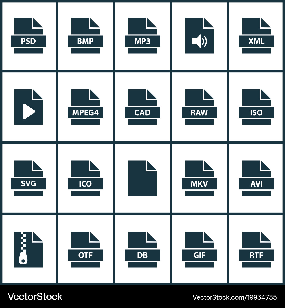 Types icons set with mpeg4 file data and other vector image