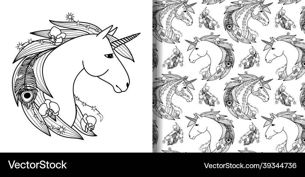Unicorn head print and seamless pattern set Unicorn head print and seamless pattern set Vector Image