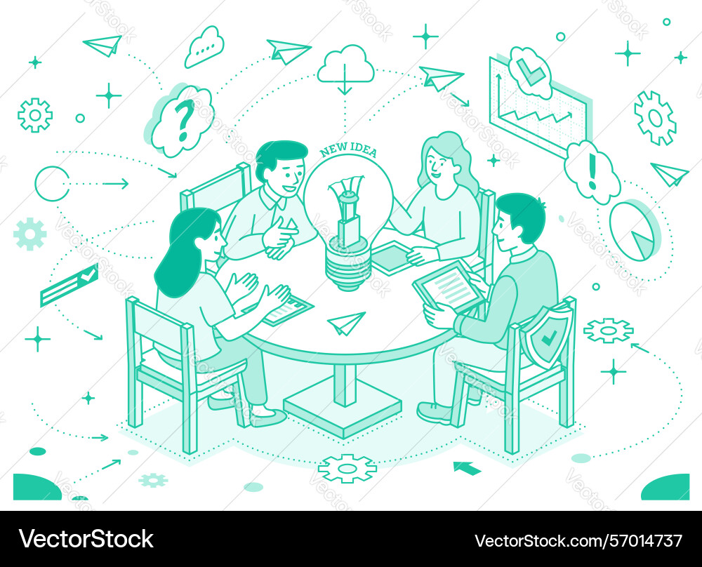 Creative team brainstorming at a round table four Creative team brainstorming at a round table four vector image