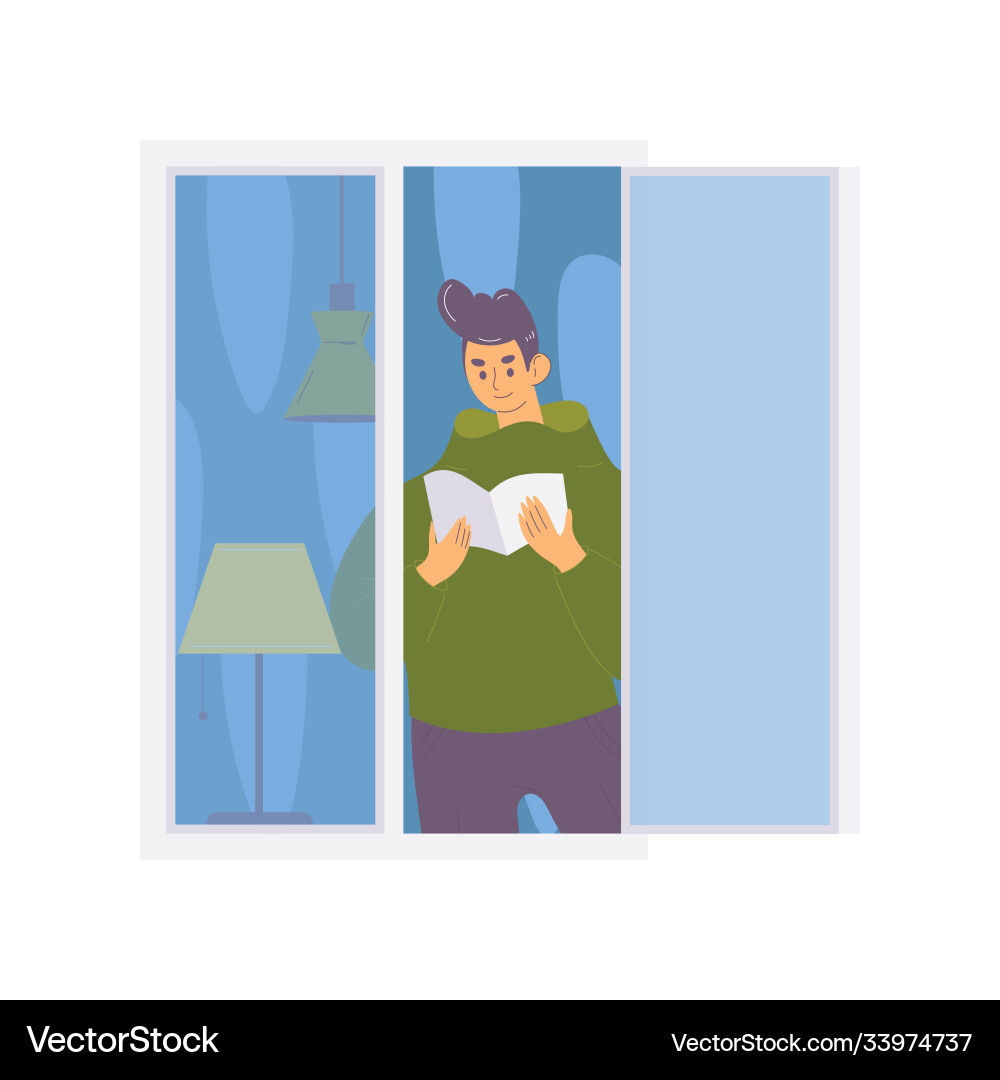 Young man reading a book in open window concept Young man reading a book in open window concept vector image
