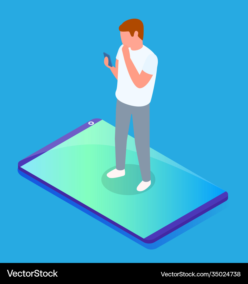 Man using smartphone standing at screen display Vector Image