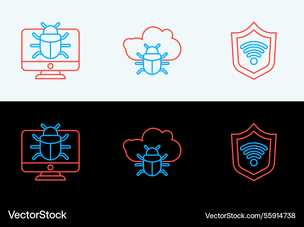 Set line shield with wifi wireless system bug Set line shield with wifi wireless system bug vector image