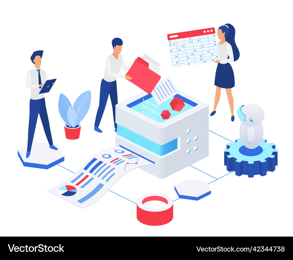 Team inspecting and processing company data vector image