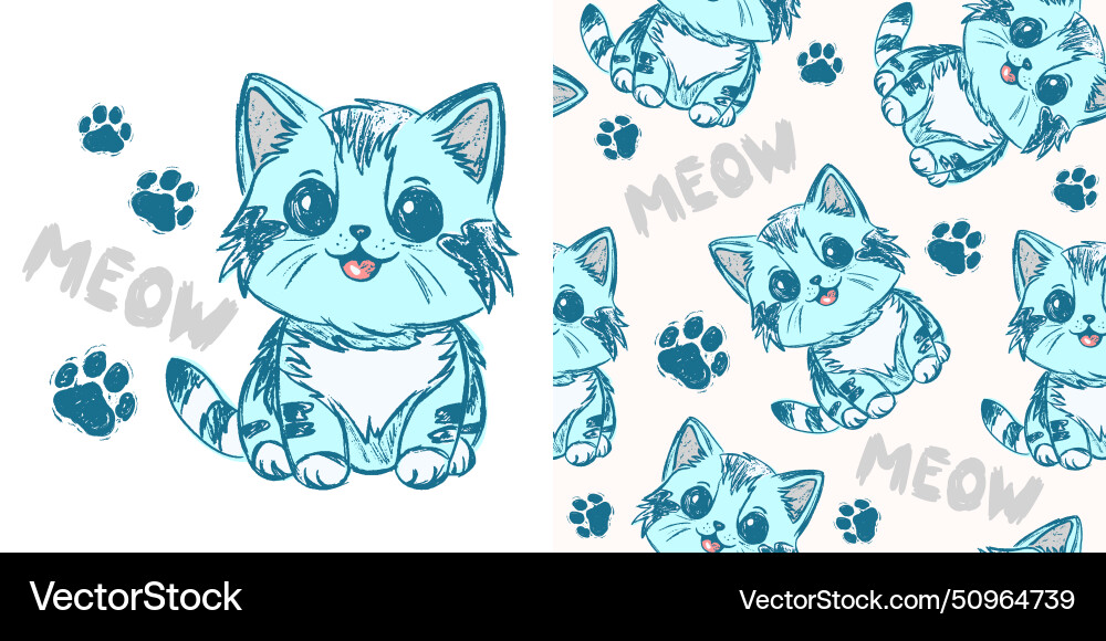 Set cute kitten cat and seamless pattern with meow Set cute kitten cat and seamless pattern with meow vector image