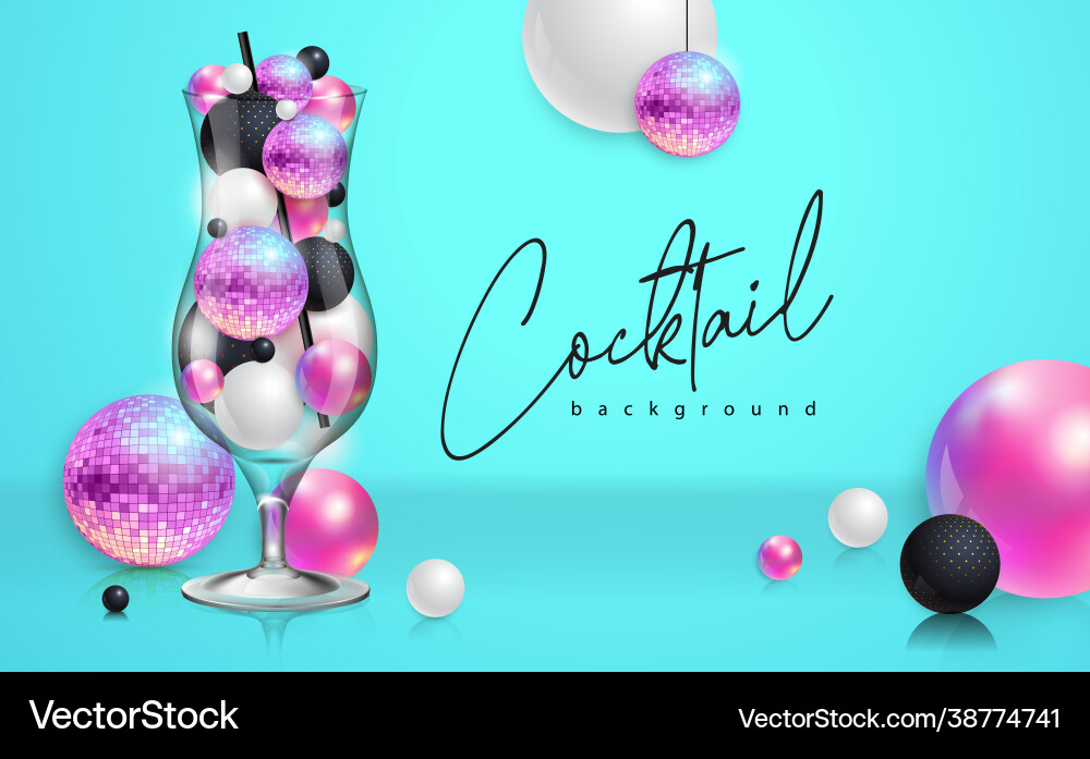 Cocktail disco party poster with 3d ball Cocktail disco party poster with 3d ball vector image