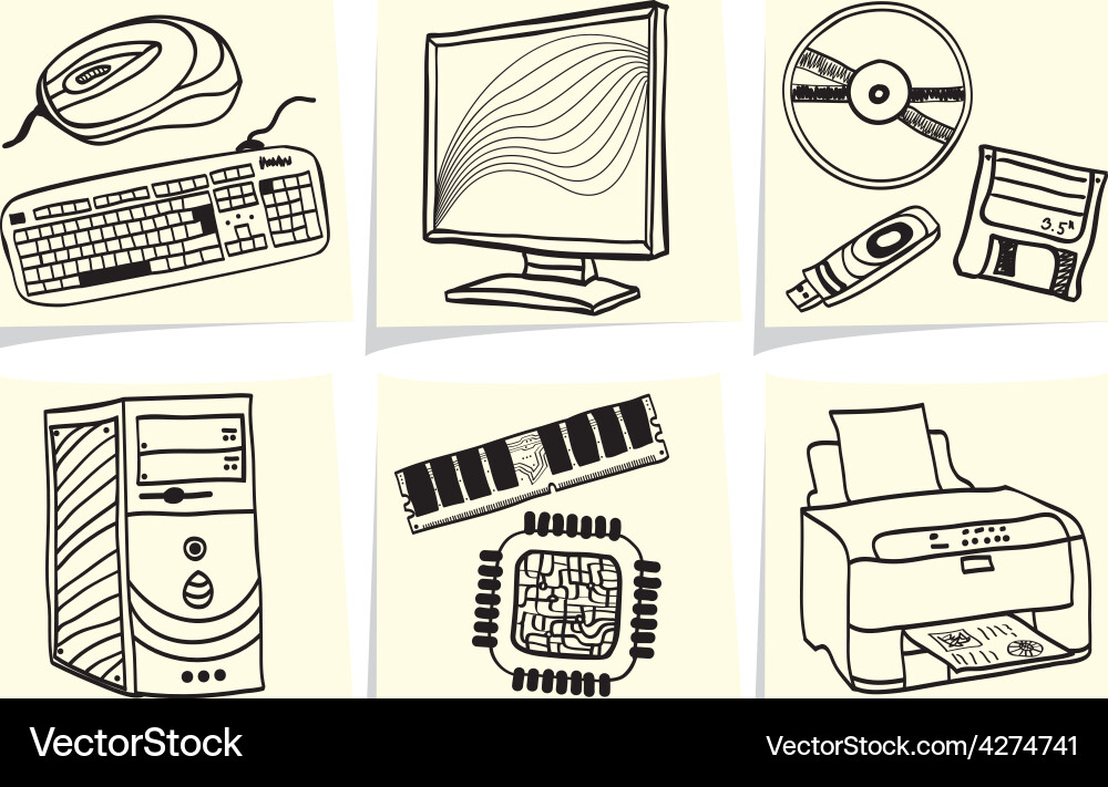 Pc components and peripheral devices sketches on y Vector Image