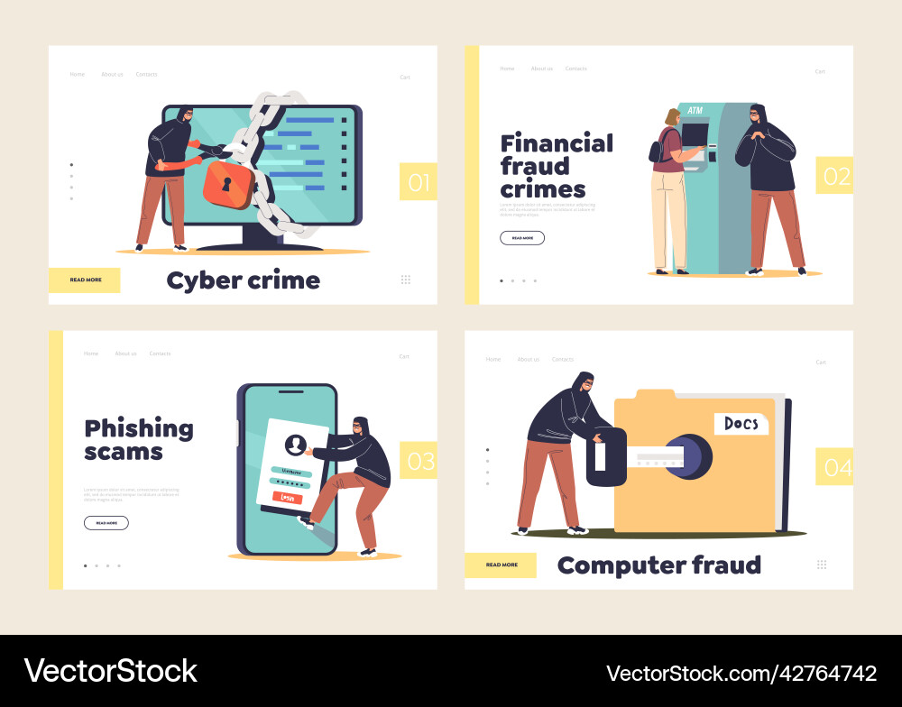 Cyber crimes set of landing pages with hackers vector image