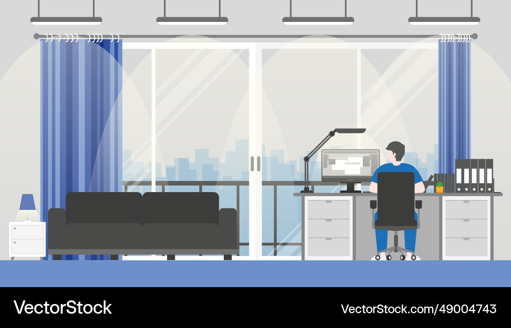 Man working on computer in his condominium flat Man working on computer in his condominium flat Vector Image