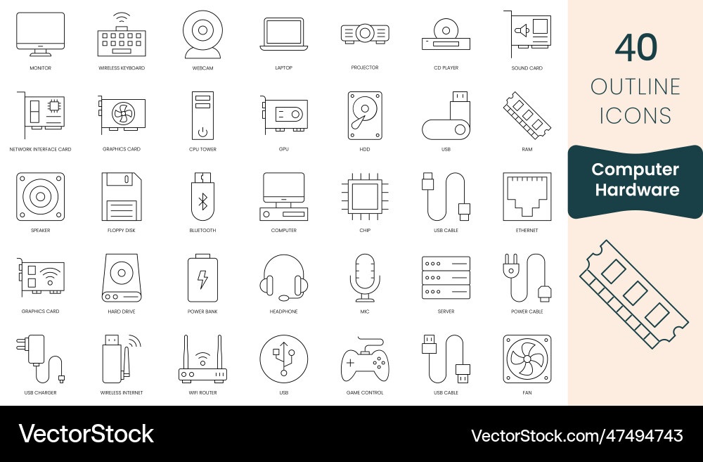Set of computer hardware icons thin outline Set of computer hardware icons thin outline vector image