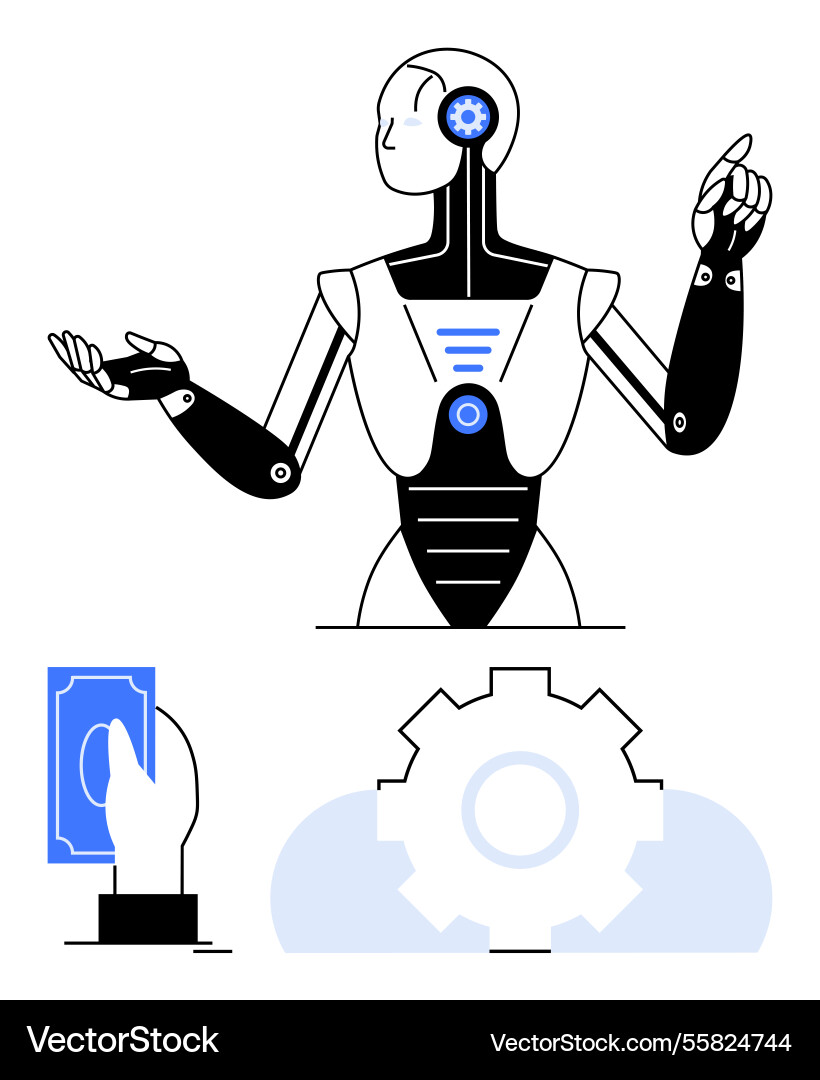 Robot interacting with gears and money concept Robot interacting with gears and money concept vector image