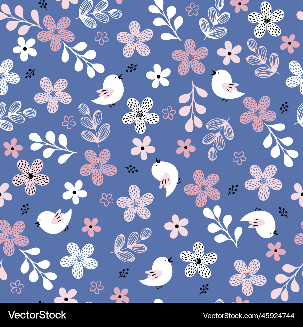 Spring simple flowers and birds seamless pattern Spring simple flowers and birds seamless pattern vector image