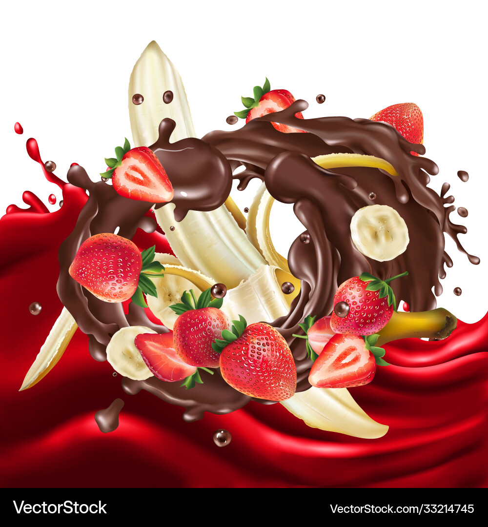 Bananen Erdbeeren Schokoladenspritzer und Welle Bananen Erdbeeren Schokoladenspritzer und Welle Vektorbild