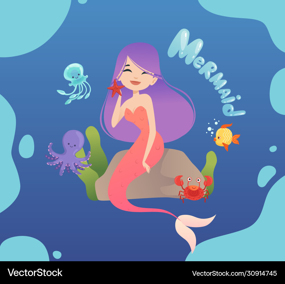 Cute mermaid happy sea princess sitting on stone Cute mermaid happy sea princess sitting on stone vector image