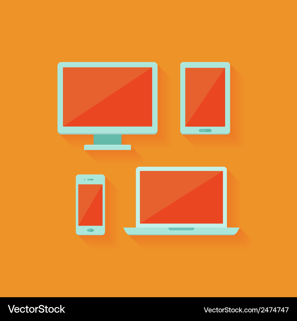 Flat computer and mobile devices set over orange Vector Image