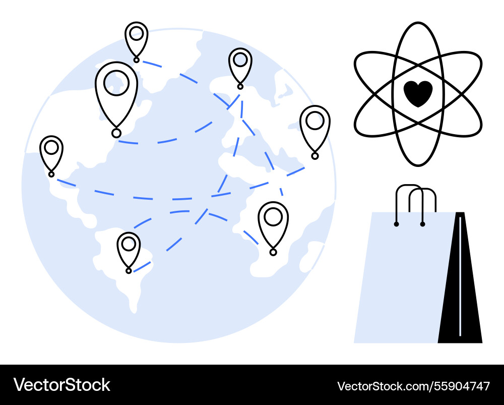 Global network with map markers atom heart Global network with map markers atom heart vector image