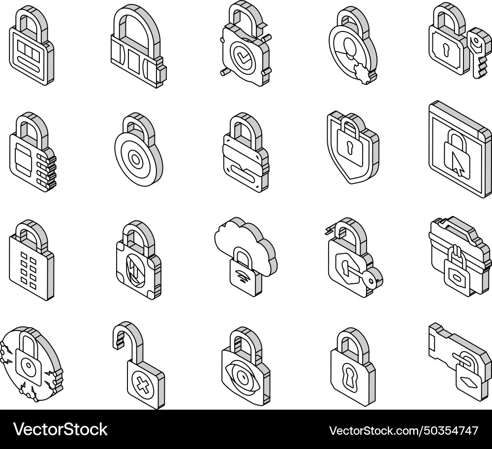 Padlock lock safe password key isometric icons set Padlock lock safe password key isometric icons set vector image