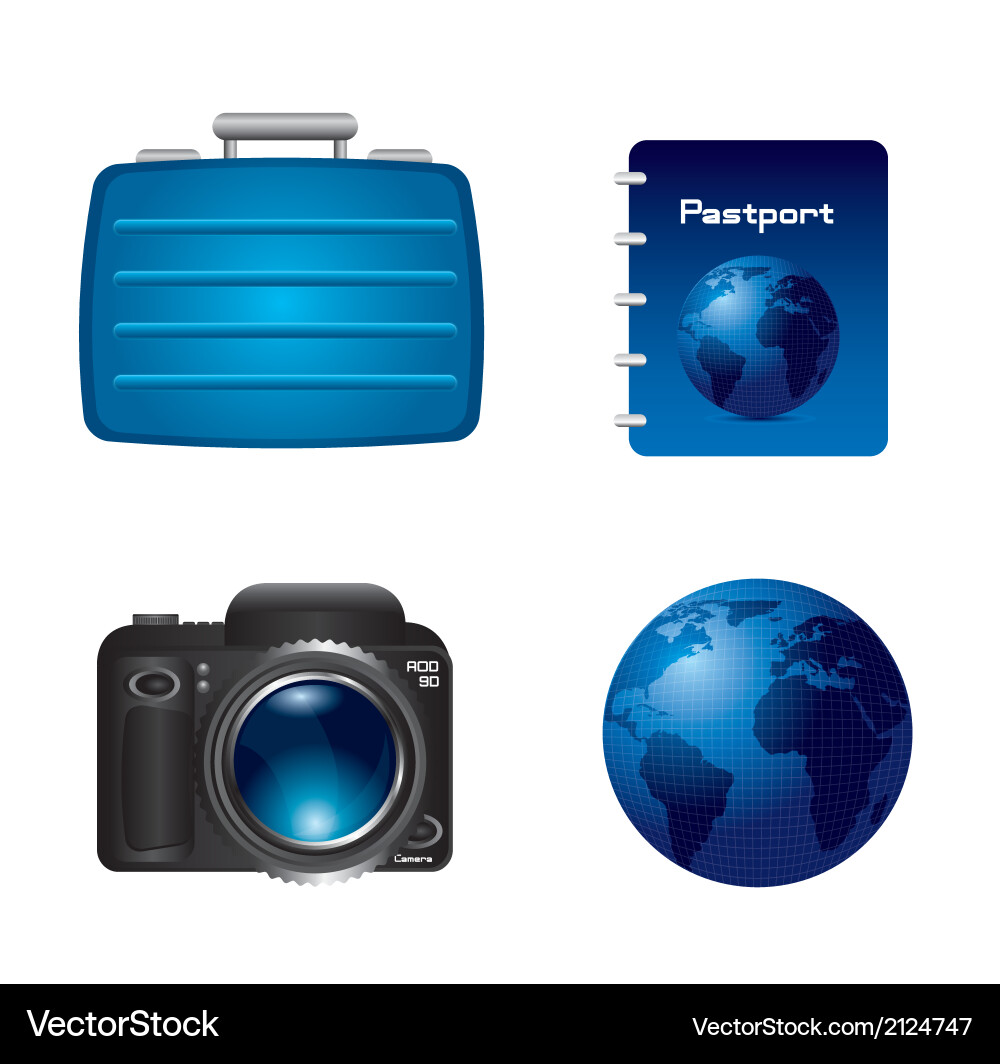 Suitcase world with passport and camera isolated Vector Image