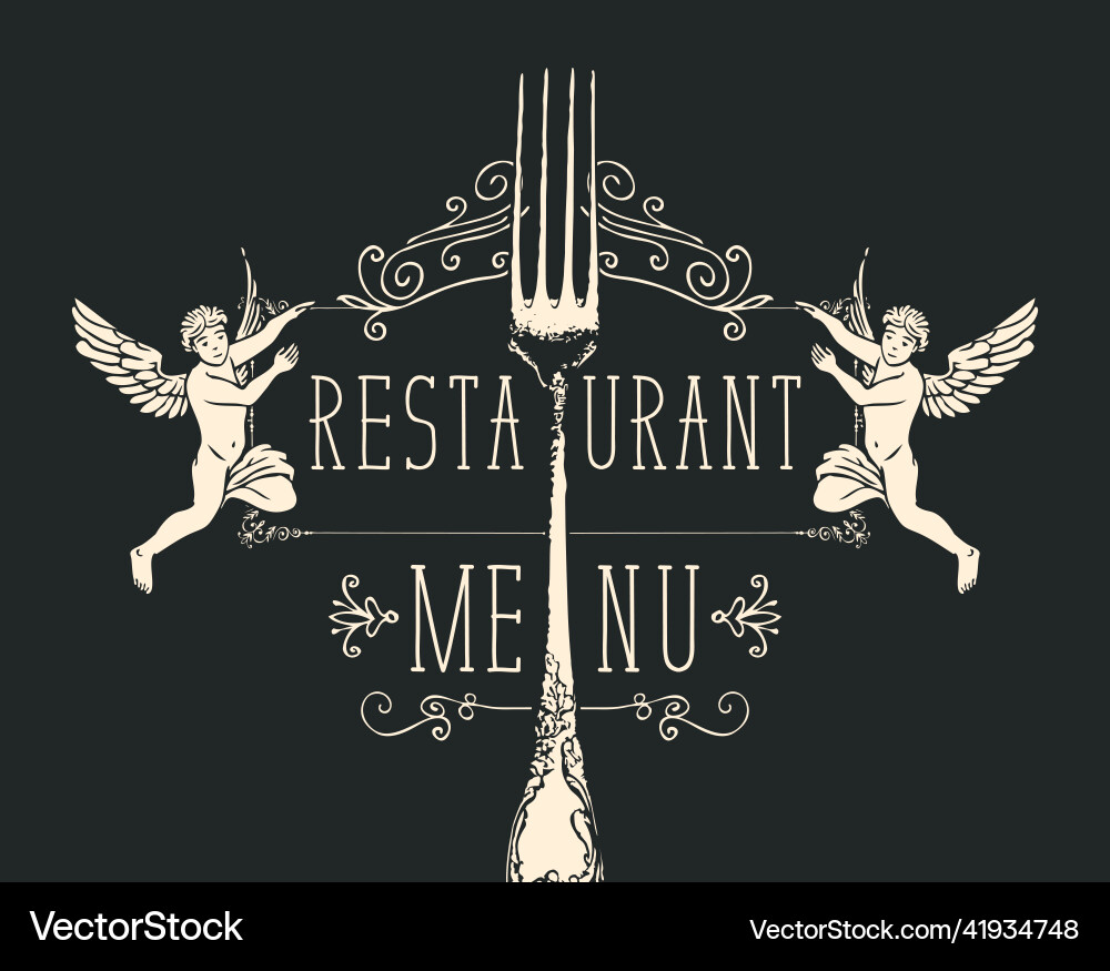 Retro style restaurant menu with fork and angels Retro style restaurant menu with fork and angels Vector Image