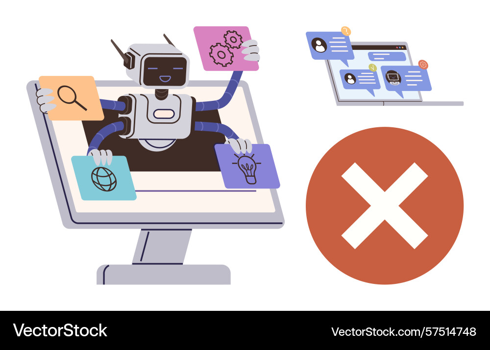 Robot performing multitasking on computer Robot performing multitasking on computer vector image