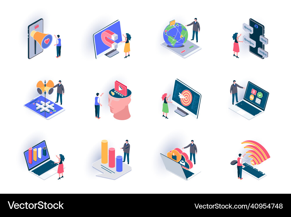 Social media isometric icons set smm technology vector image