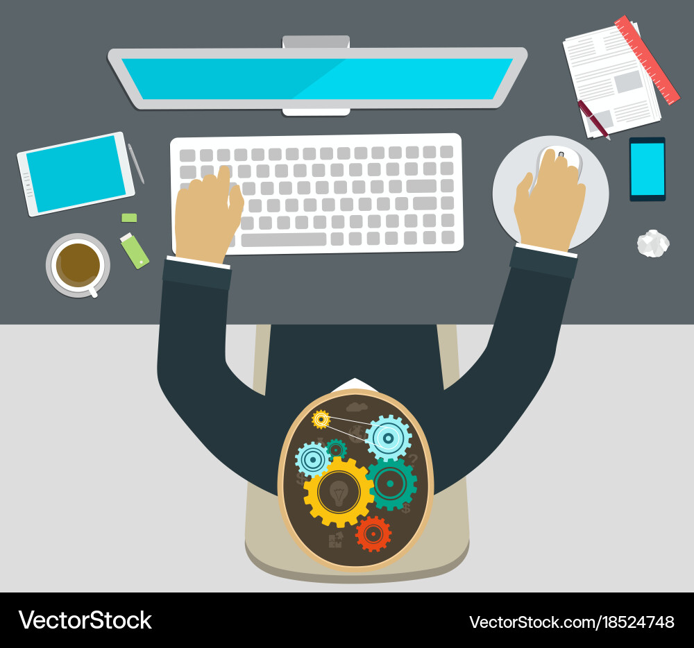 Working at a computer brainstorming vector image