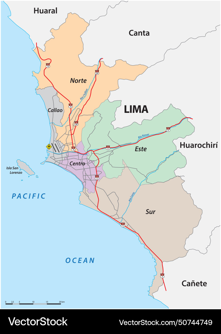 Administrative and road map of lima peru Administrative and road map of lima peru vector image