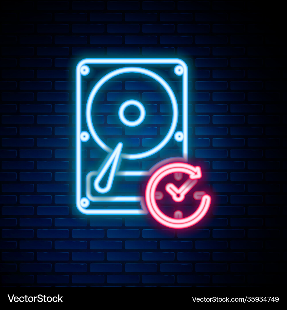 Glowing neon line hard disk drive with clockwise Glowing neon line hard disk drive with clockwise Vector Image