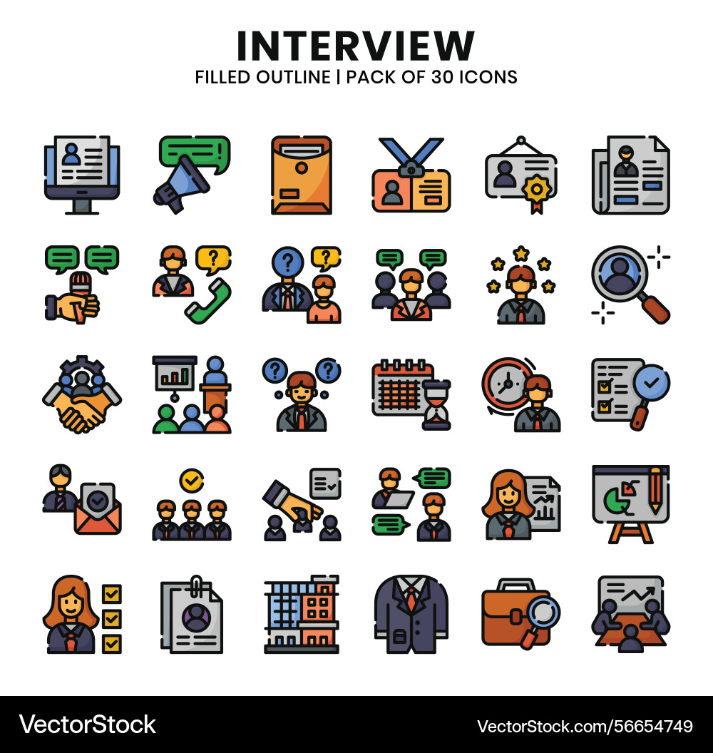 Interview icons bundle filled outline style Interview icons bundle filled outline style vector image