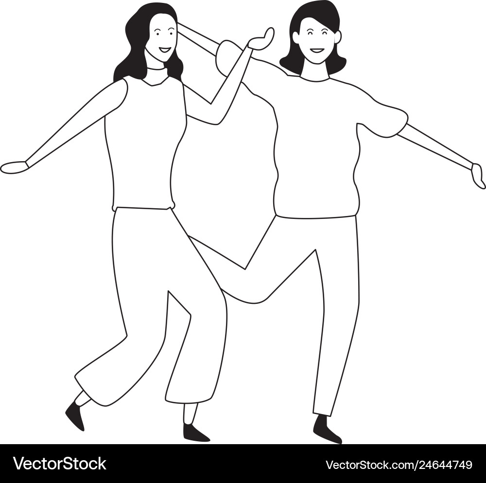 Two women friends cartoon in black and white Two women friends cartoon in black and white vector image